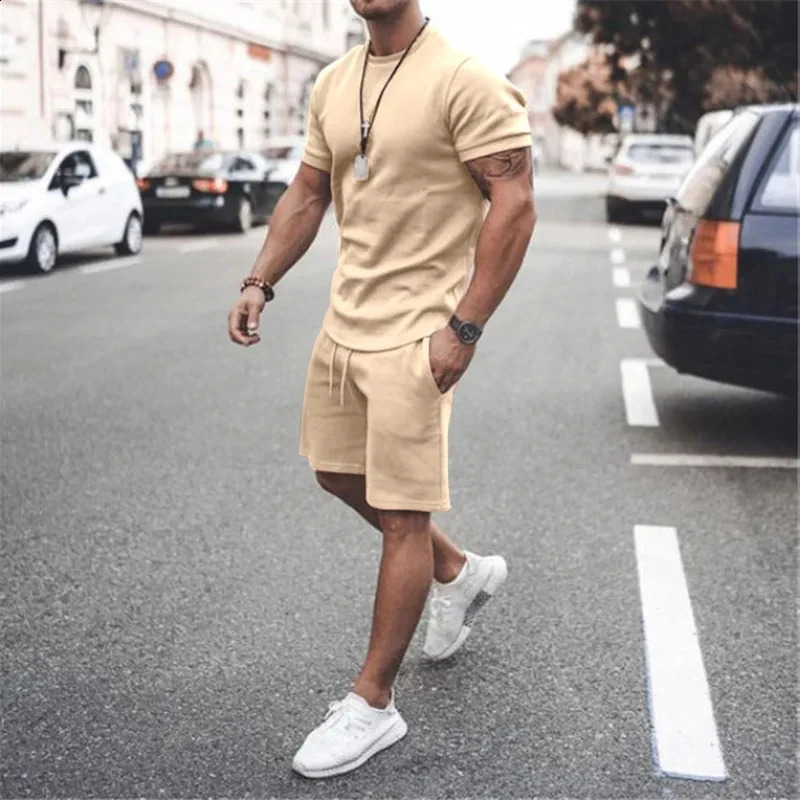 Solid Color Europe And The United States Mens 13 Summer Short Sleeve Tshirt Shorts 2pcs set Leisure Sports Men Suit 250227