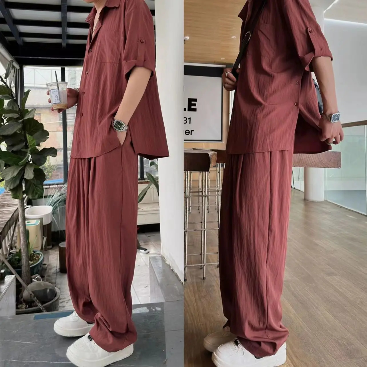 Casual Long Sleeve Shirt and Pants Sets Men Solid Cotton Linen Tops Leisure Tees Trousers Suit Fashion Tracksuit Male 250224Z