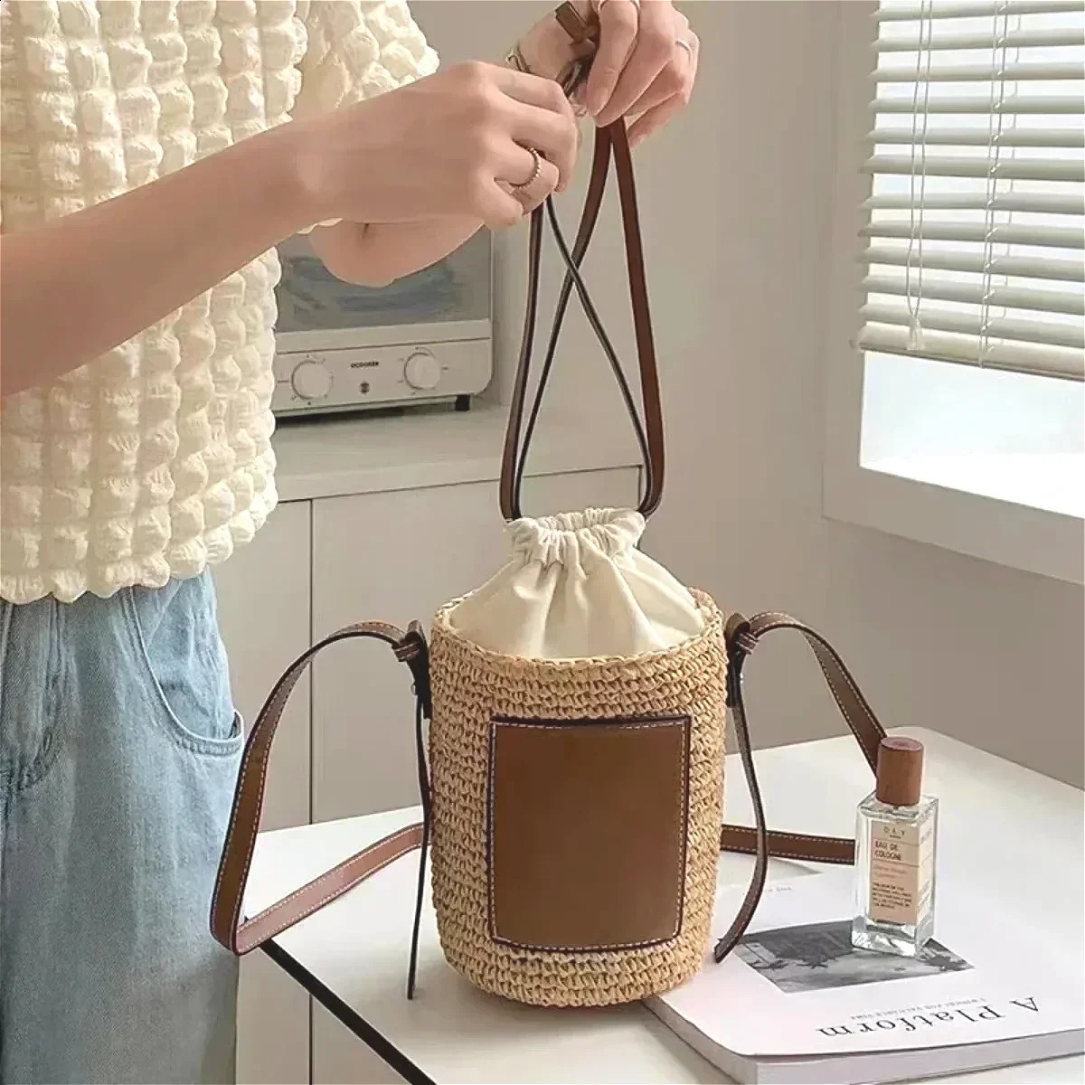Crochet Oblique Span One Shoulder Bag Protable Drawstring Handbags Round Rope Woven Women Crossbody Bags Holiday Gifts 250227