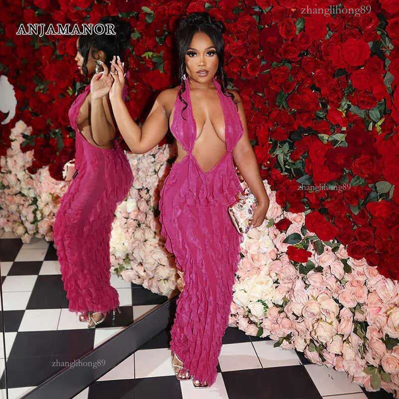 ANJAMANOR Casual Ruffled Dresses Mesh Deep V Halter Backless Long Maxi Dress Sexy Party Night Clubwear Pink Birthday Dressed For Women D66-Bh19 T2