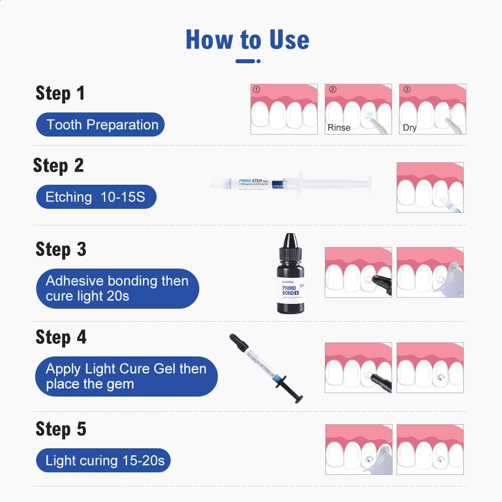 Tooth Gem Set Glue Kit with UV Curing Light Dental Orthodontic Adhesive Jewelry Diamond Crystals Ornament Direct Bonding System 250226