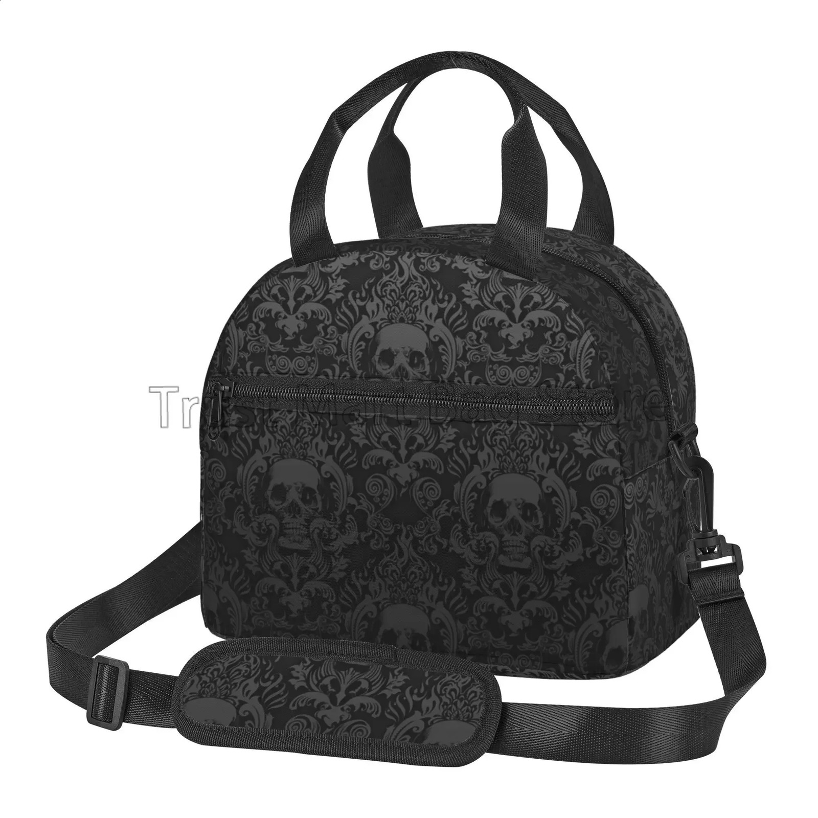 Gothic Black Skull Damask Insulated Lunch Bag Unisex Lunch Box with Detachable Shoulder Strap Reusable Thermal Cooler Tote Bag 250228