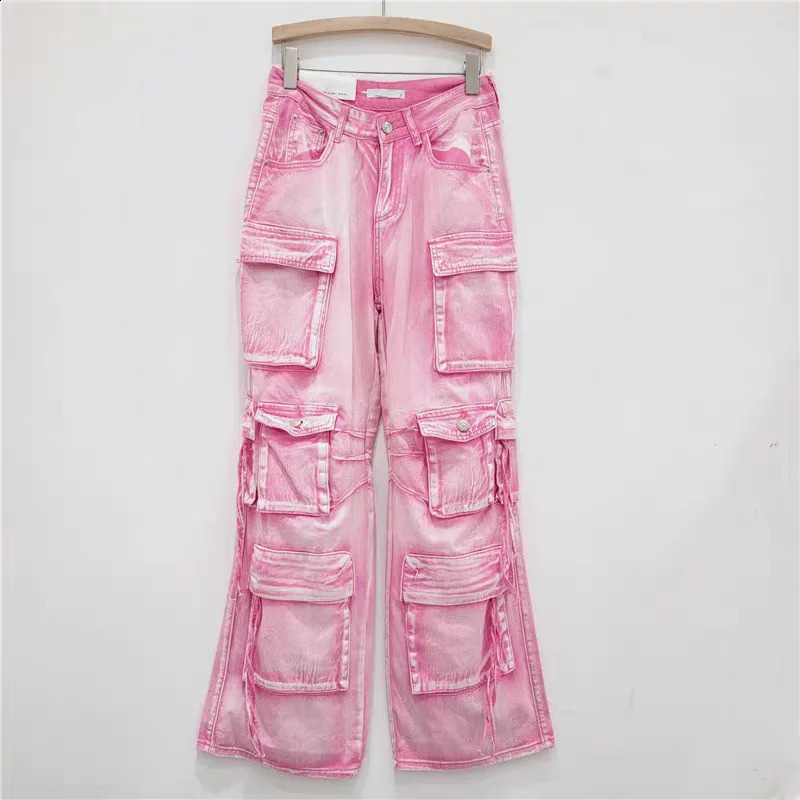 Multi pocket pink cargo jeans for women washed retro hip-hop luggage jeans casual wide leg straight jeans 250224