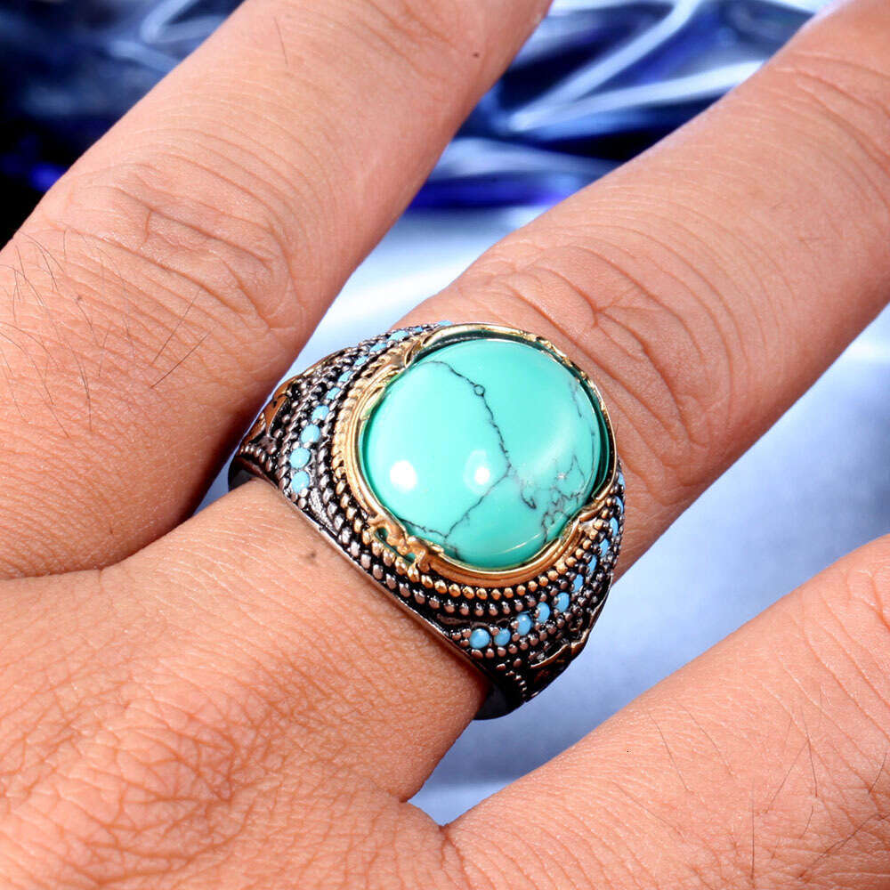 Feiyu turquoise, exaggerated personality, silver plated gold two-color men's fashion bracelet ring, ring