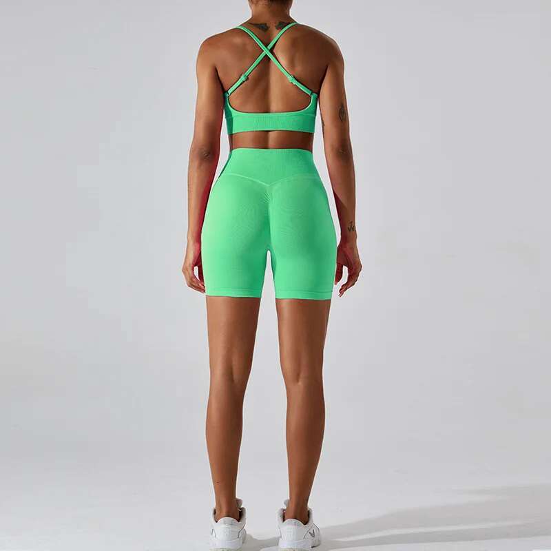 Seamless Yoga Set Women Workout Sets 2 Pieces Gym Suits Ribbed Crop Tank High Waist Shorts Outfits Fiess Running Athletic Wear