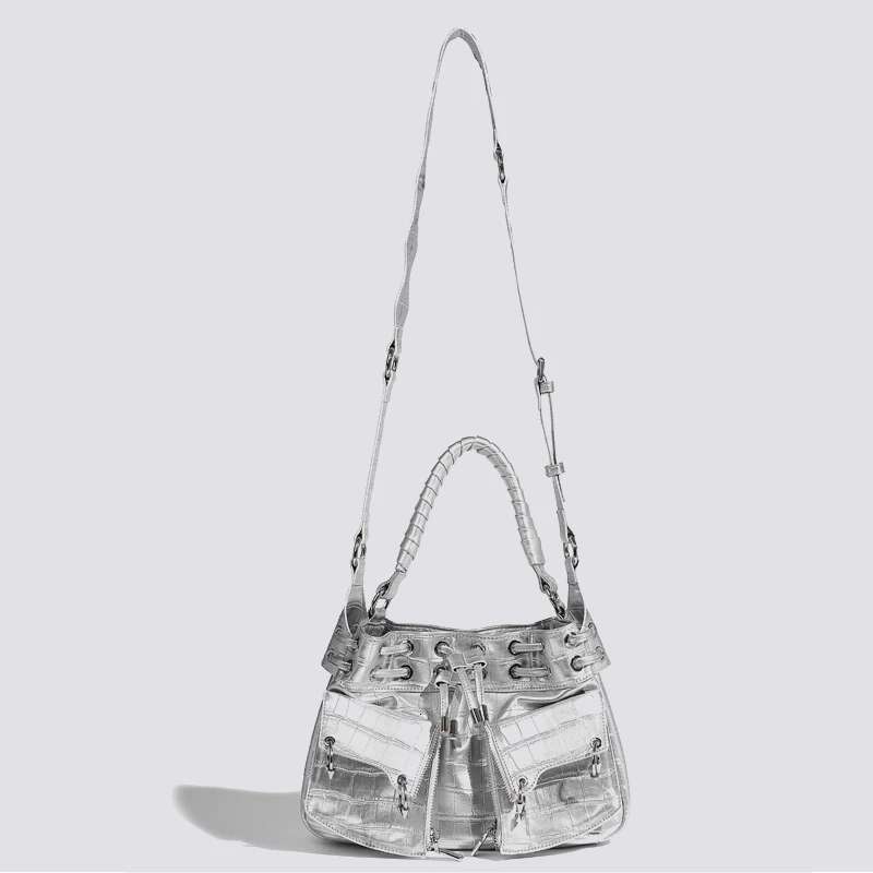 Moto & Biker Bags For Women Designer Handbag And Purses New In PU Crocodile Pattern Metal Ring Woven Handle Shoulder