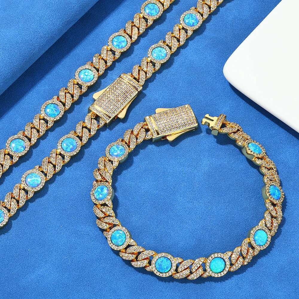 Hip Hop Jewelry 8mm Wide Fashionable Men's And Women's Blue Opal With Cubic Zirconia Sparkg Cuban Chain Necklace