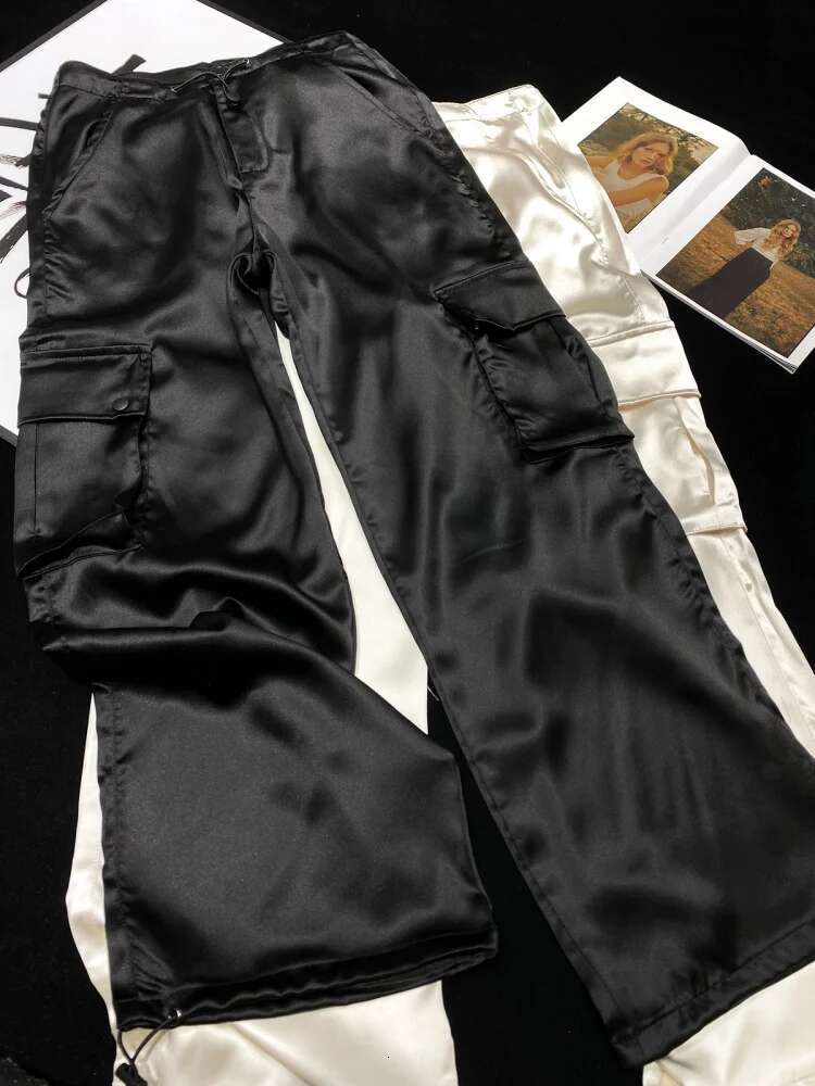 Silk Gorpcore Solid Pink Drawstring Fluid Baggy Cargo Pants Women Black Beige Gray Streetwear Trousers Bottoms
