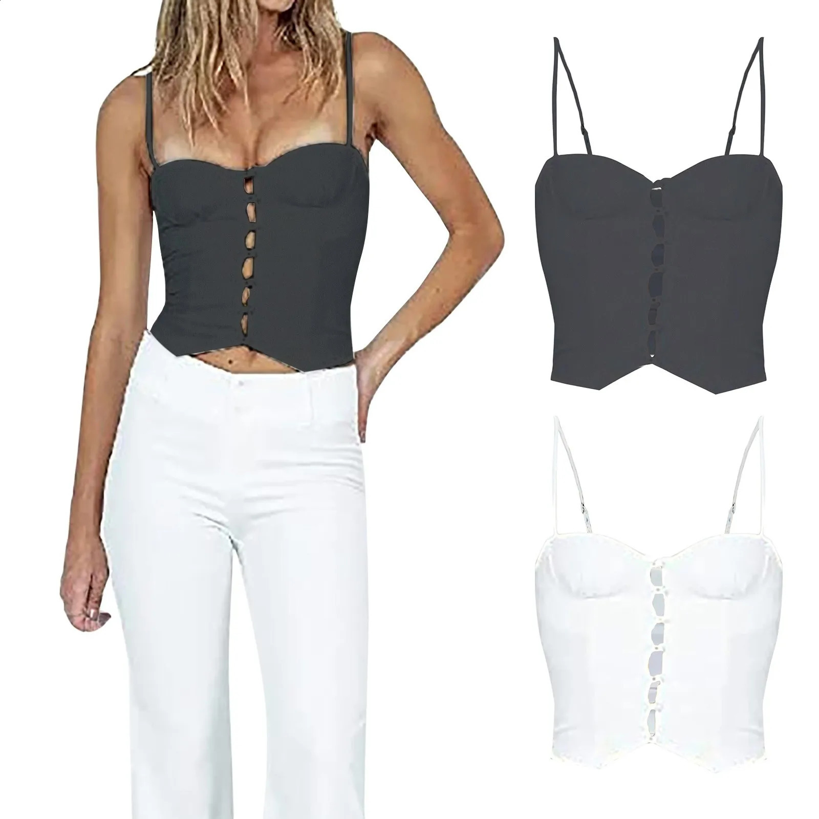 Sexy Camis summer casual low cut bra button tight corset solid waist retro Camisole Tee streetwear basic crop top Camisas 250224