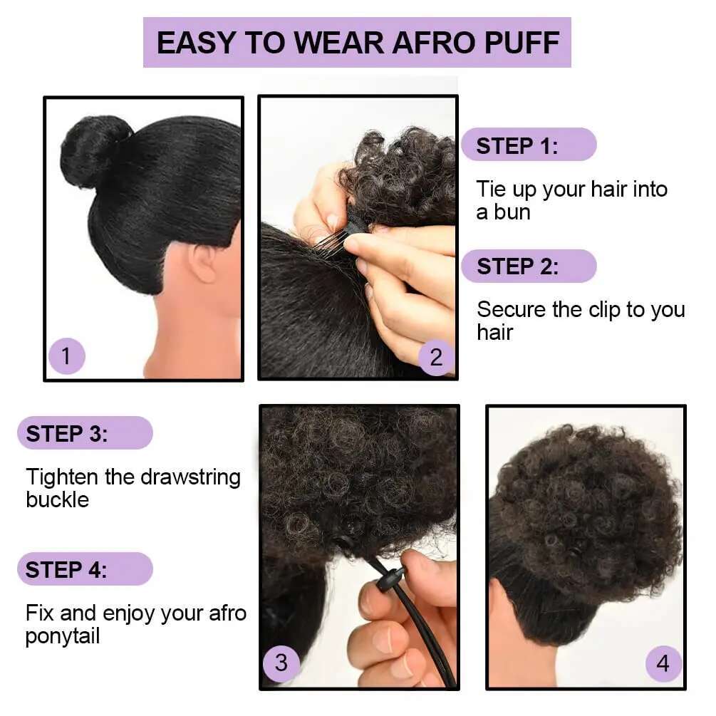 Synthetic Afro Puff Extension For Black Women Clip On Kinky Drawstring Curly Ponytail Bun