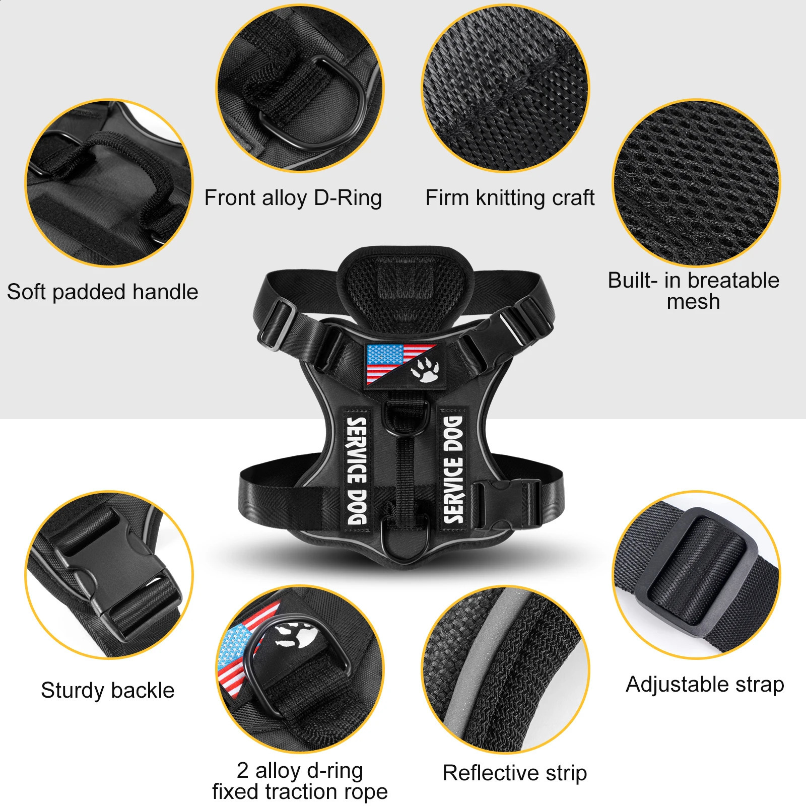 Service Dog Harness Reflective Dog Vest Harness with 5 PCS Patches Adjustable Soft Oxford Pet Harness Inner Layer Mesh Easy 250224