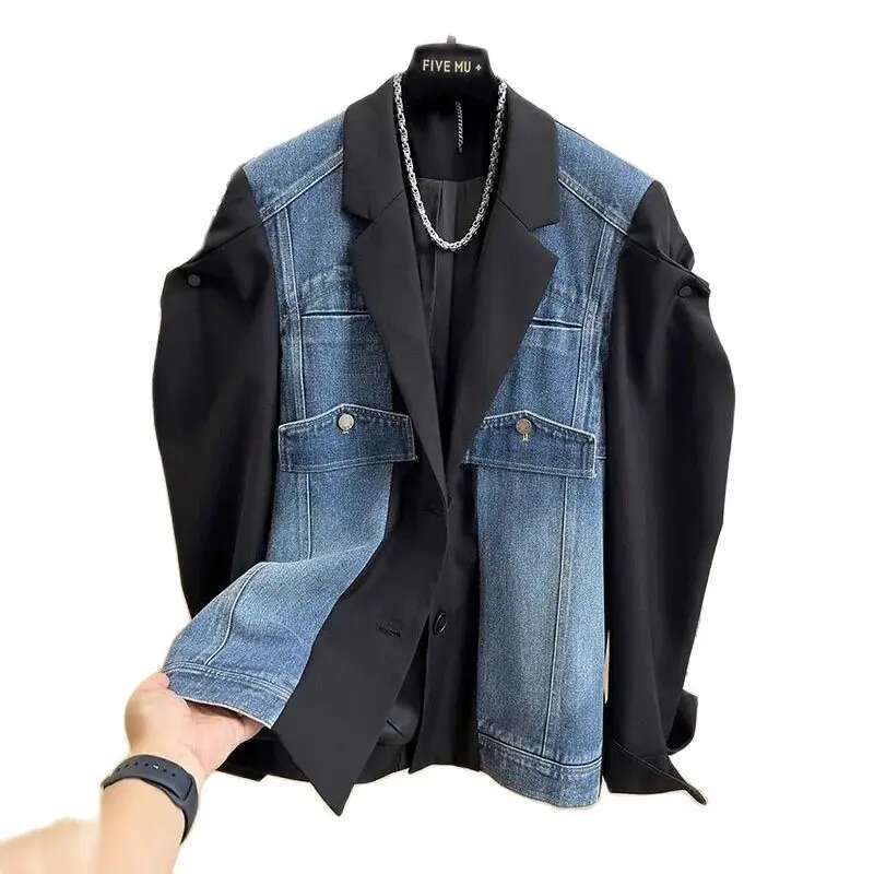 2024 New Fashion Spring Autumn Denim Splicing Blazer Women's Korean Long Sleeve Casual Elegant Ladies Suit Female Outerwear Tops