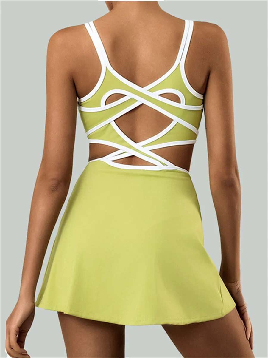 Tennis Dress Women Sleeveless Push Up Padded Sport Dresses Training Running Fiess Hollow Out Backless Slim Badminton Suit