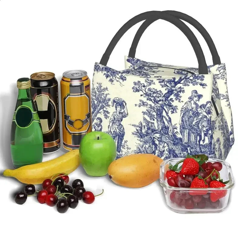 Toile De Jouy Blue Portable Lunch Box French Navy Blue Thermal Cooler Food Insulated Lunch Bag Hospital Office Pinic Container 250228