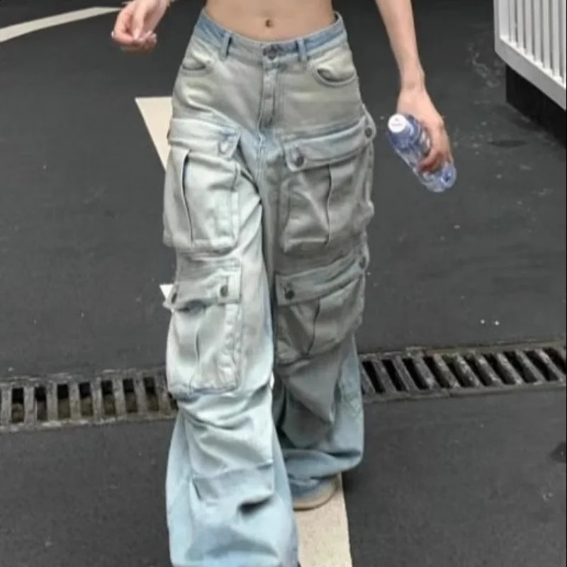 American Retro Multi Pocket Workwear Womens Jeans Sense Straight Tube Loose Wide Leg Pants Floor Length Pants Trendy 250224