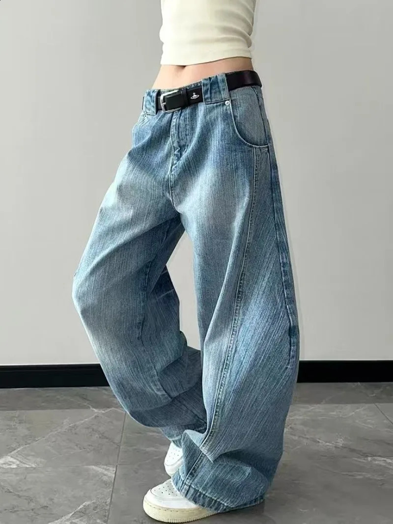 American Fashion Blue Wash Wide Leg Jeans Women Y2K Retro Street Hip-hop Loose Harajuku Simple Casual High Waist Straight Jeans 250225