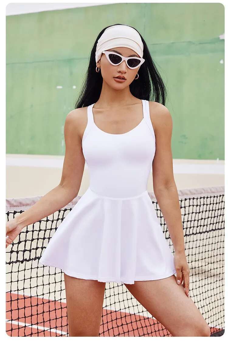 Women Tennis Dress One-Pieces Slim Fit Soft Sports Sets Golf Badminton Skorts Back Cross Tracksuits With Chest Pads Yoga Suits