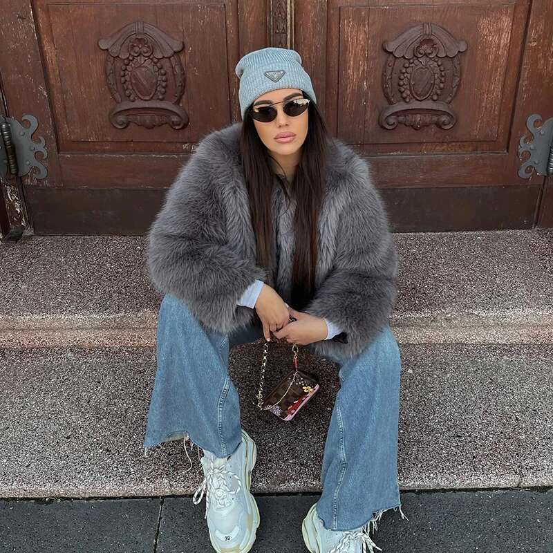 Neo Mint Street Fashion Girls Gray Fluffy Short Faux Fox Jacket Women Winter 2024 Hot Brand Thick Warm Eco Fur Coat Female