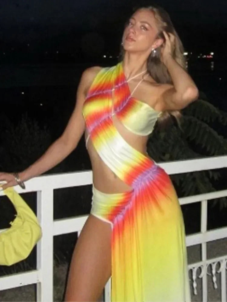 Sexy Hollow Out Backless Gradual Print Dres Fashion One Shoulder Sleeveless Dresses Female Vocation Beach 250227
