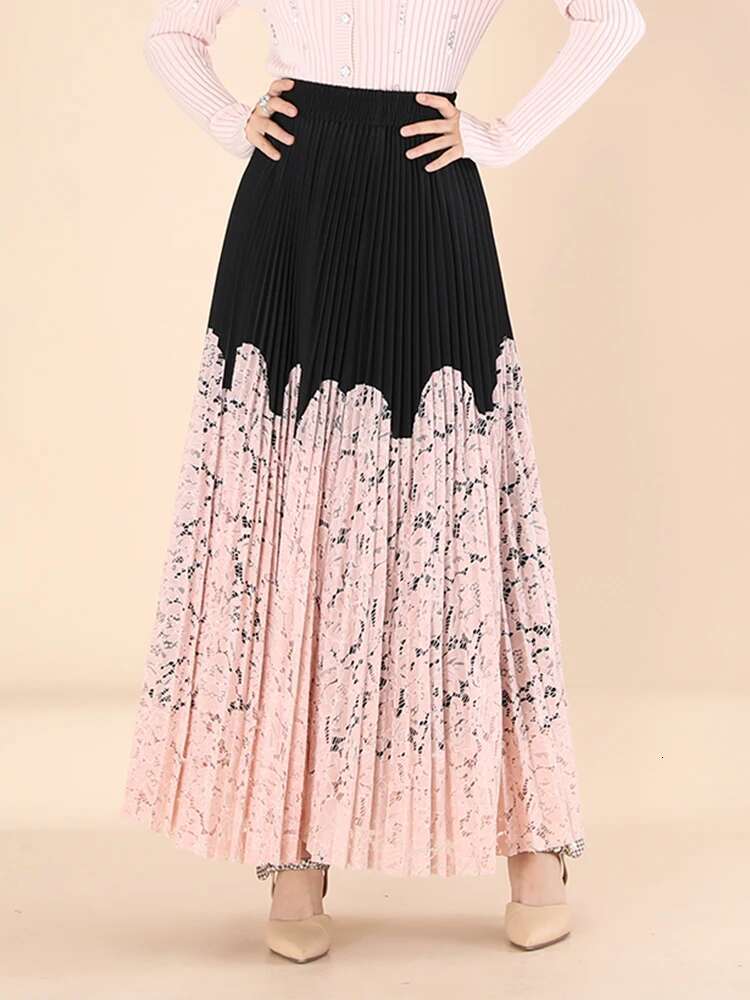 IEQJ Lace Spliced Printing Pleated Skirts For Women High Waist Loose Causal Colorblock Skirt Female Fashion New Clothes 3Wq8666