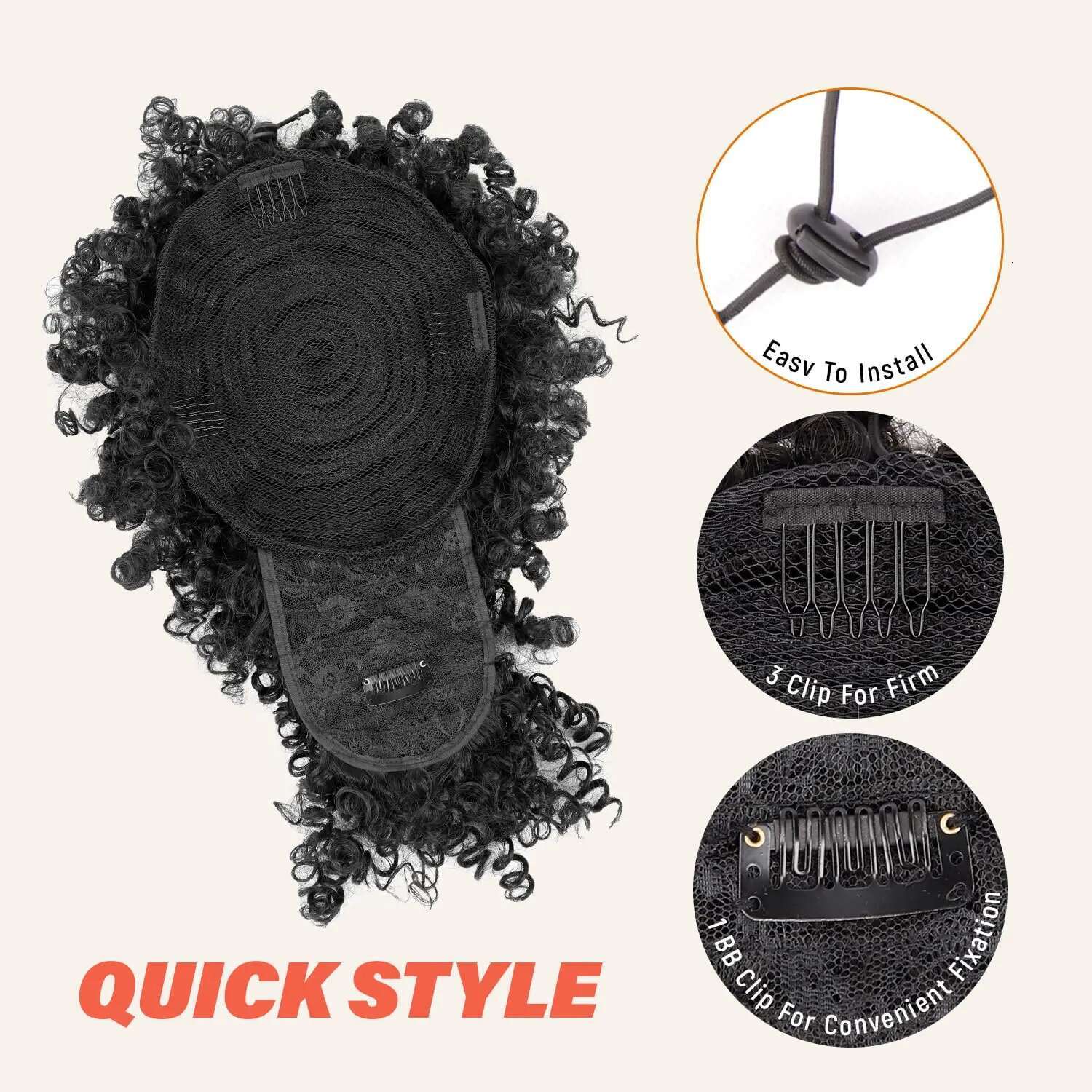 Drawstring With Bangs Synthetic Afro Puff Ponytail Extensions Short Curly Clip In Wrap Updo Hairpiece For Women