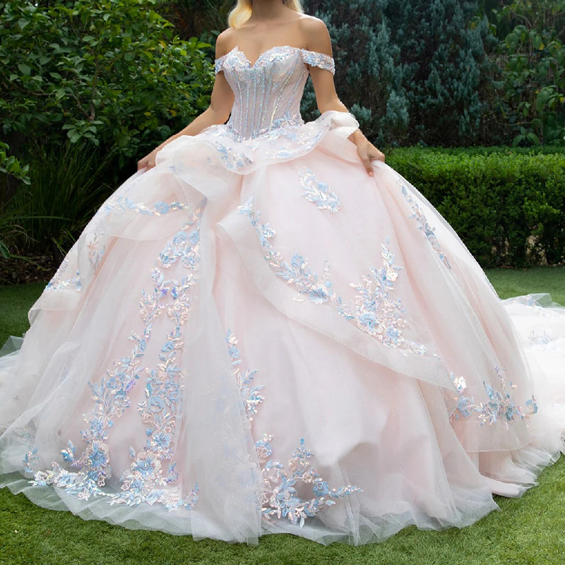 Pink Shiny Quinceanera Dresses Ball Gown Off Shoulder Applique Lace Bow Beads Tull Corset Sweet 16 Dress Vestidos 15 De Anos