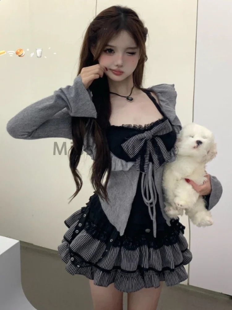 Autumn Winter Lace Bow 3-piece Set Womens Aesthetic Vintage Slim Long Sleeve Cardigan Elastic Waist Ruffle Short Skirt Suit 250225