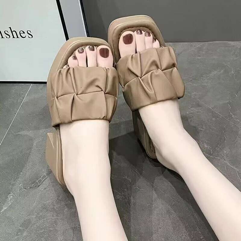 Casual Summer High-heeled Women Fish Mouth Ladies Shoes on Sale 2025 Fashion New Square Toe Anti-wrinkle Women's Slippers 's