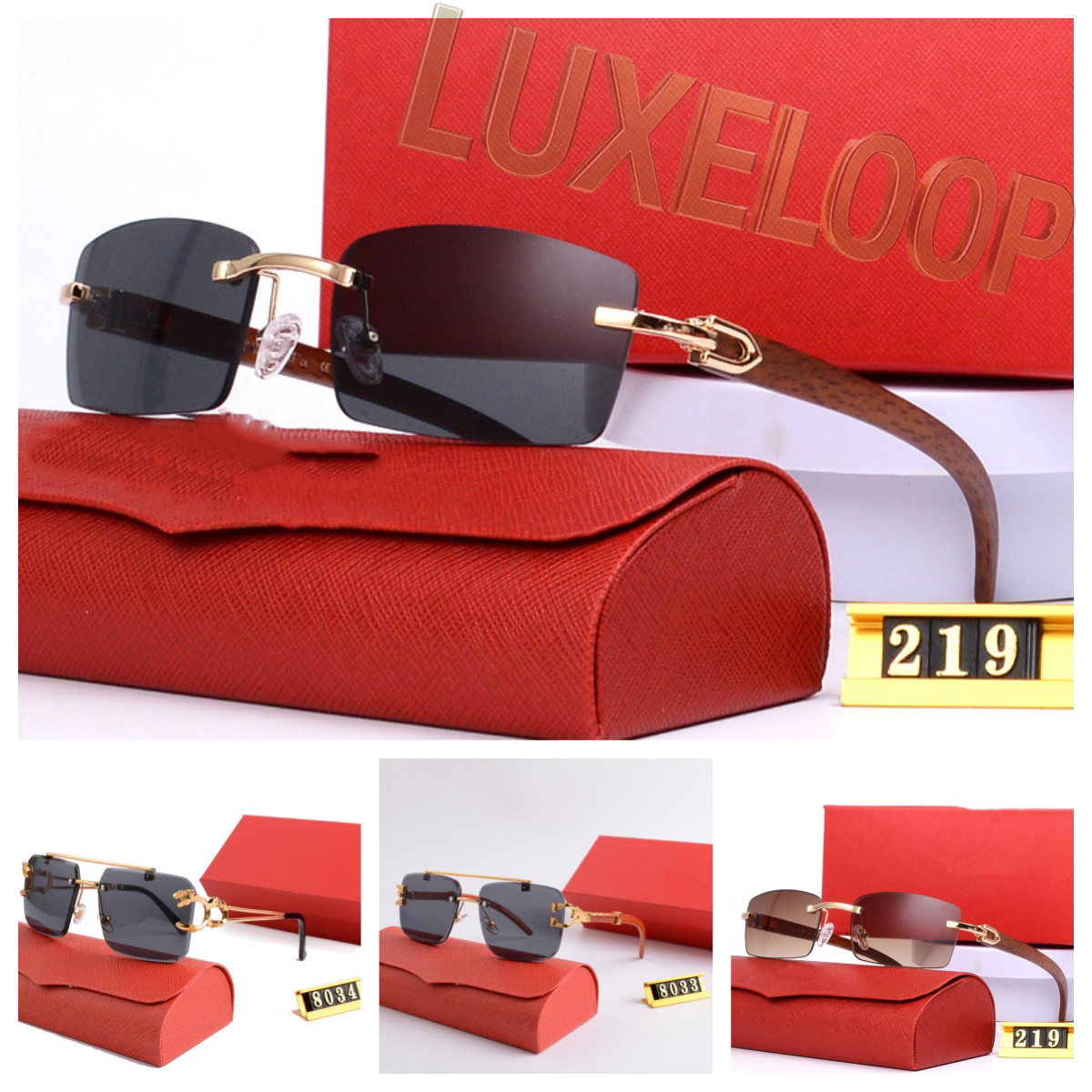 Luxury Wooden Temple Sunglasses for Men & Women Designer Frameless Retro Glasses, Small Rectangular Lenses for Petite Faces with Gold Logo & Red Leather Case