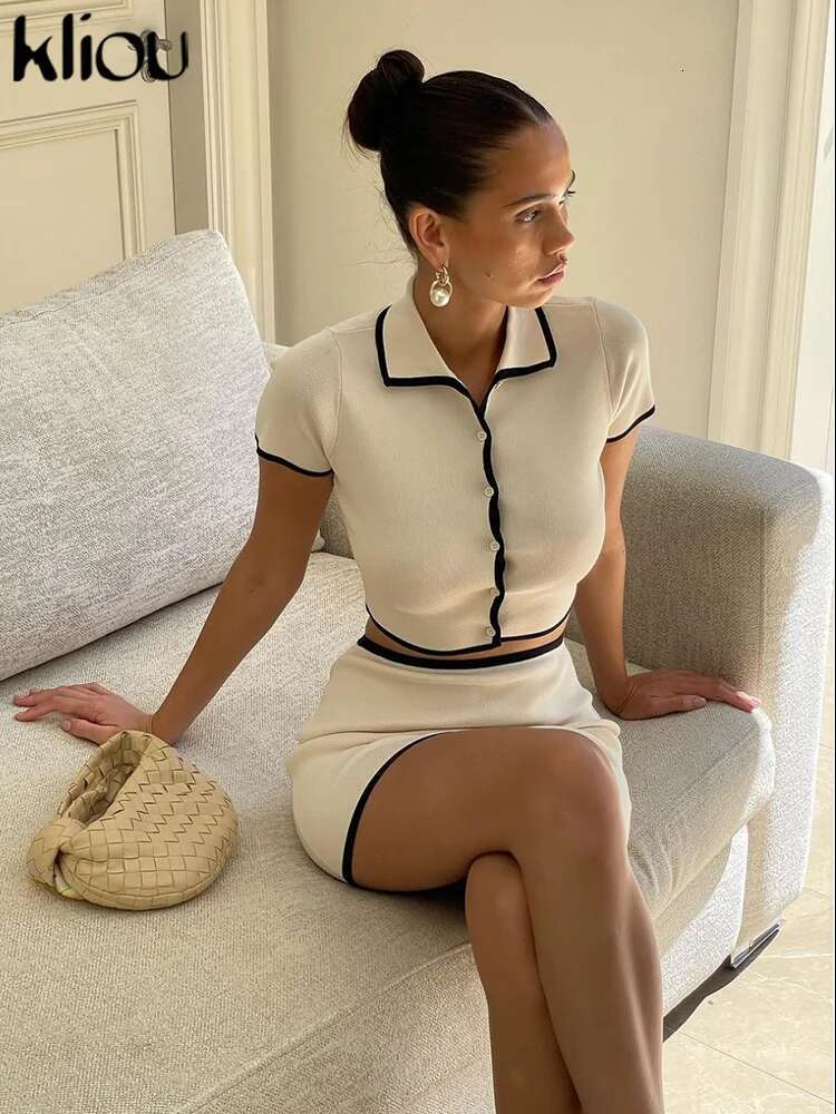 Kliou Casual Office 2 Piece Set Women Concise Single Breasted Lapel Striped Panelled Tops+Slim Skirts Female Coordinate Outfits