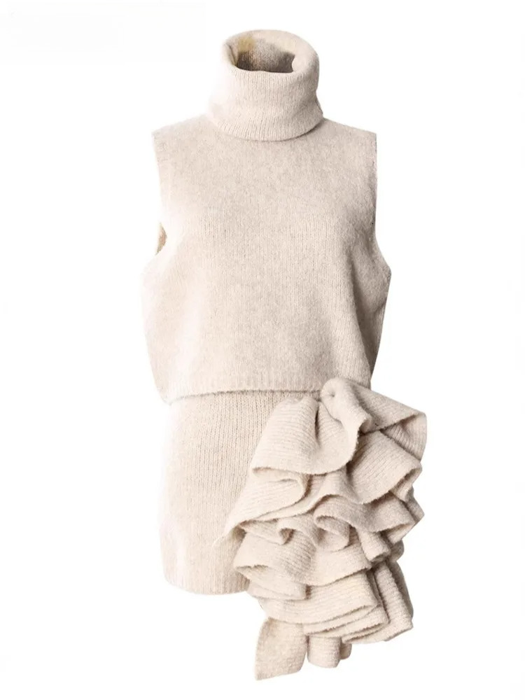 Stand Collar Sleeveless Swerater Long Sleeve Coats Patchwork 3D Wer Skirt 3 Pieces Sets For Women 2025 Spring Zm545