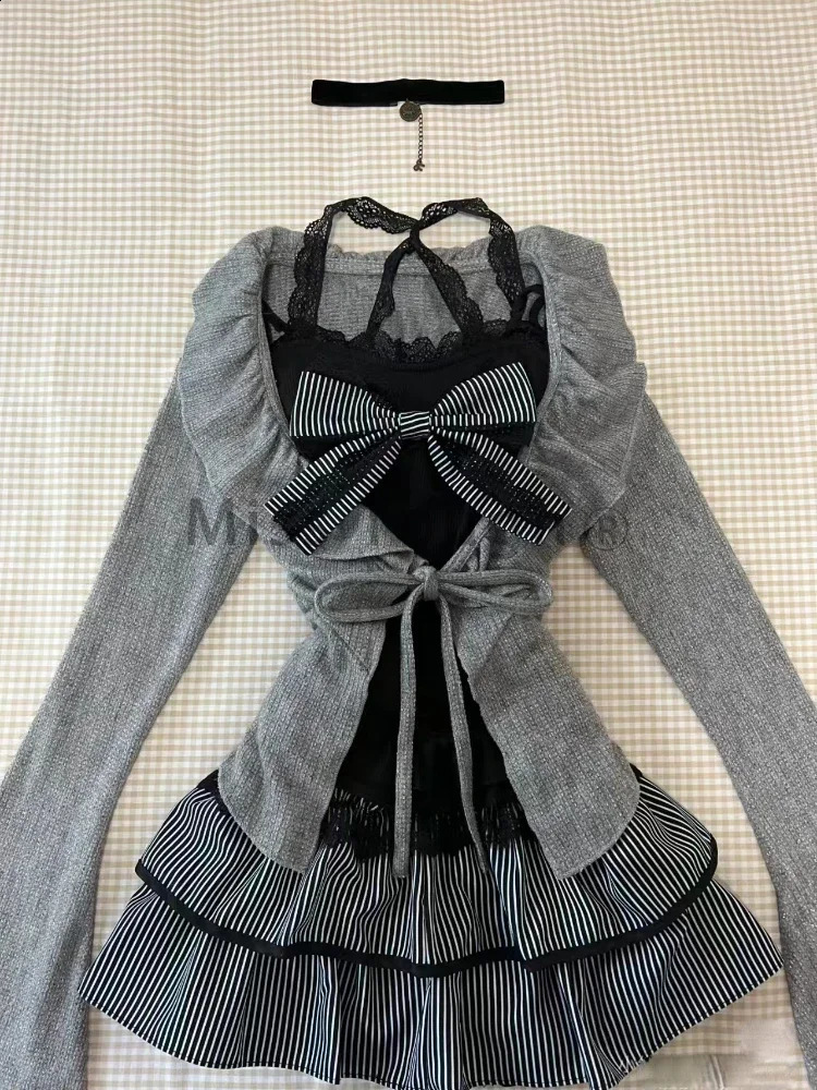 Autumn Winter Lace Bow 3-piece Set Womens Aesthetic Vintage Slim Long Sleeve Cardigan Elastic Waist Ruffle Short Skirt Suit 250225