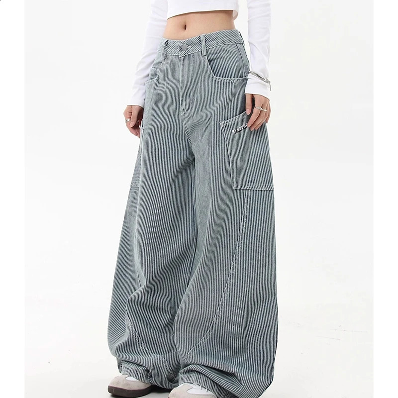American Vintage Stripe Denim Jeans Women Hip Hop Loose Lazy Dance Trousers Fashion Harajuku Y2K Streetwear Cargo Wide Leg Pants 250225
