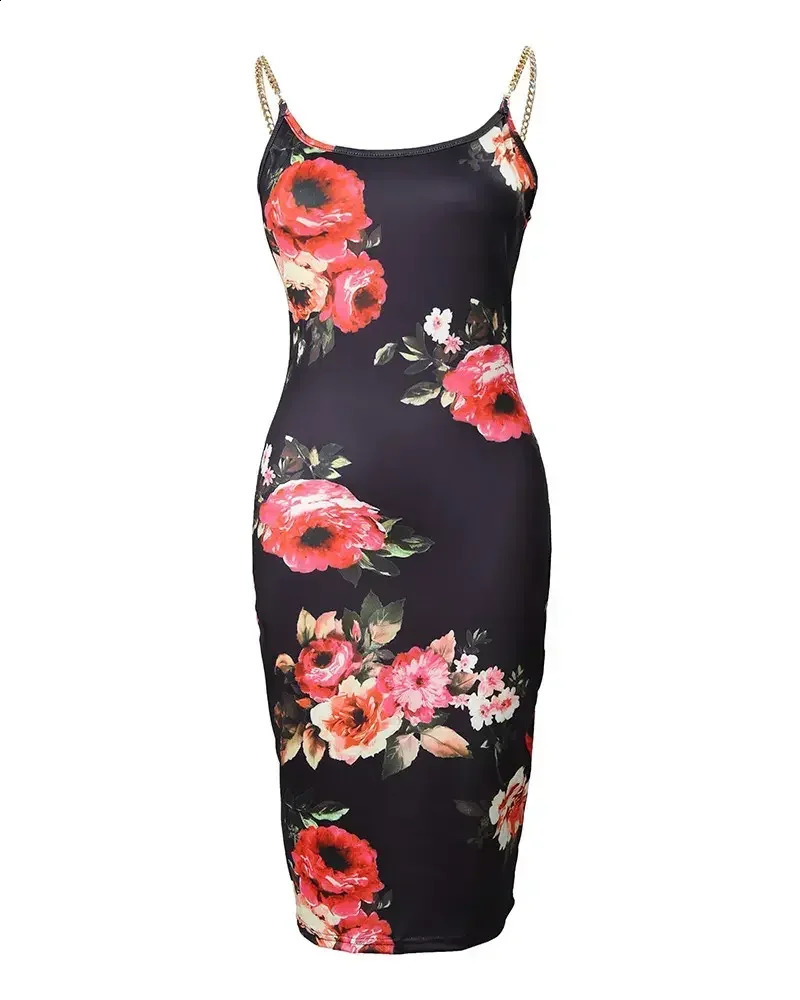Summer Women Floral Print Dress Chain Decor Bodycon Elegant Spaghetti Strap Sexy Tight 250227Z