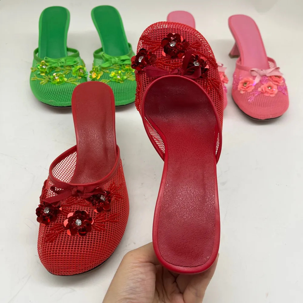 Summer Spring Womens Slippers Mesh Flower High Heels Sexy Ladies Non Slip Round Toe Wedding Sandals 250228