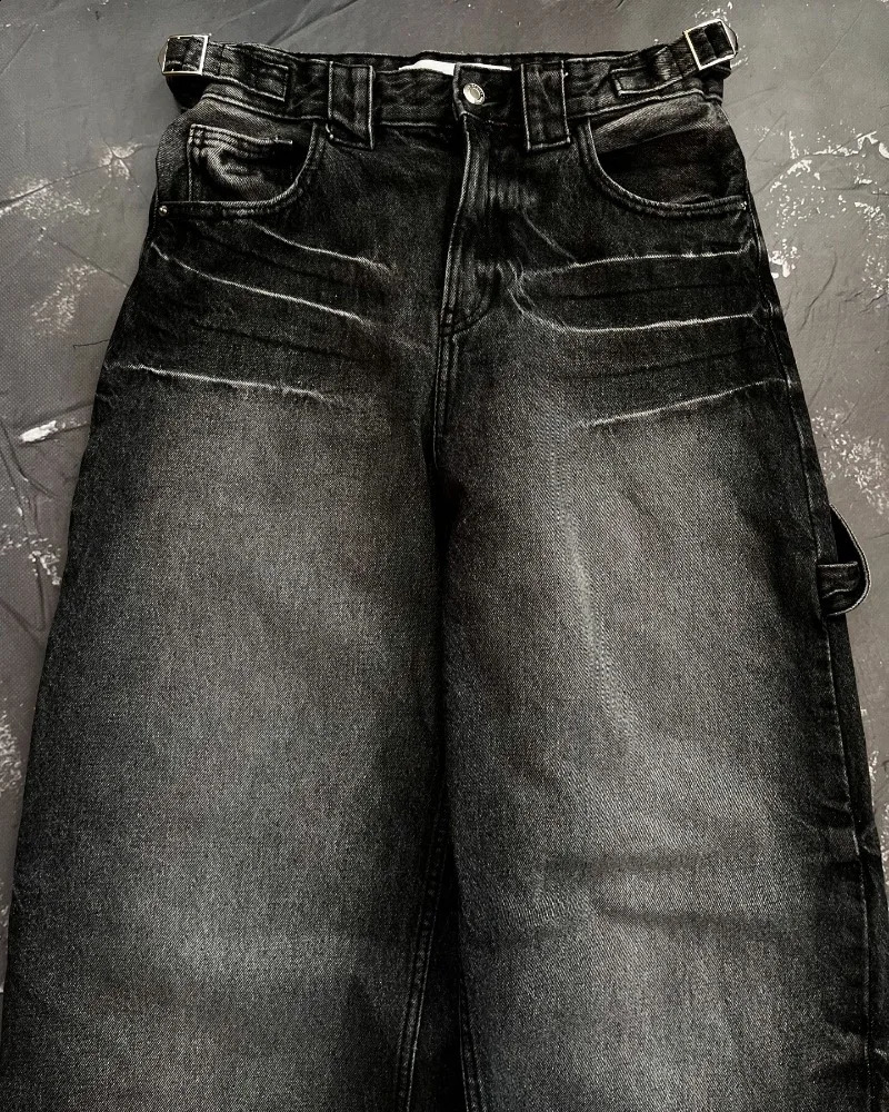 American fashion trend multi pocket washed straight jeans for womens street Y2K hip-hop loose mop wide leg jeans unisex jeans 250224