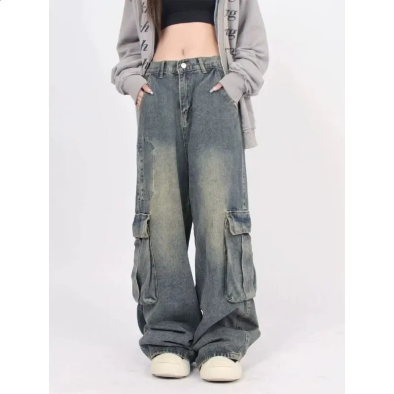 Vintage American Style Distressed Jeans Autumn Men Womens Couple High Street Multi-Pocket Draped Casual Work Trousers 250226