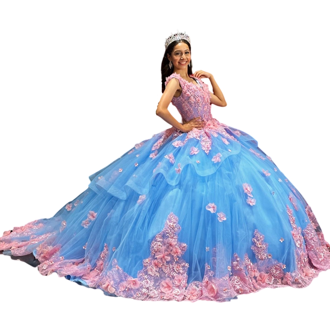 Blue And Pink Princess Quinceanera Dresses With 3D Floral Appliques Straps Sleeveless Long Tulle Flowers Sweet 16 Dress Boutique Party Ball Gown