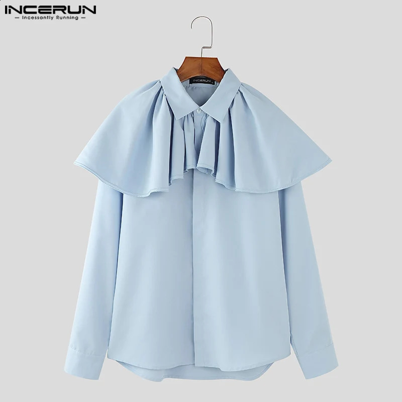 INCERUN Tops American Style Men Ruffled Courtly Style Shirt Casual Fashion Loose Solid Long Sleeved Blouse S-5XL 250225