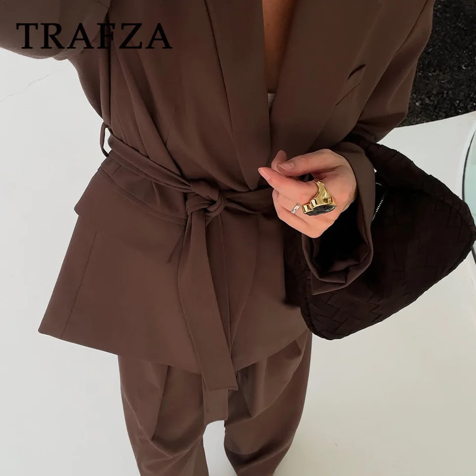 TRAFZA 2025 Spring Summer Office Lady Elegant Solid Women Suit Fashion Casual Sashes Straight Shrug Blazer Chic Zipper Long Pants 250225
