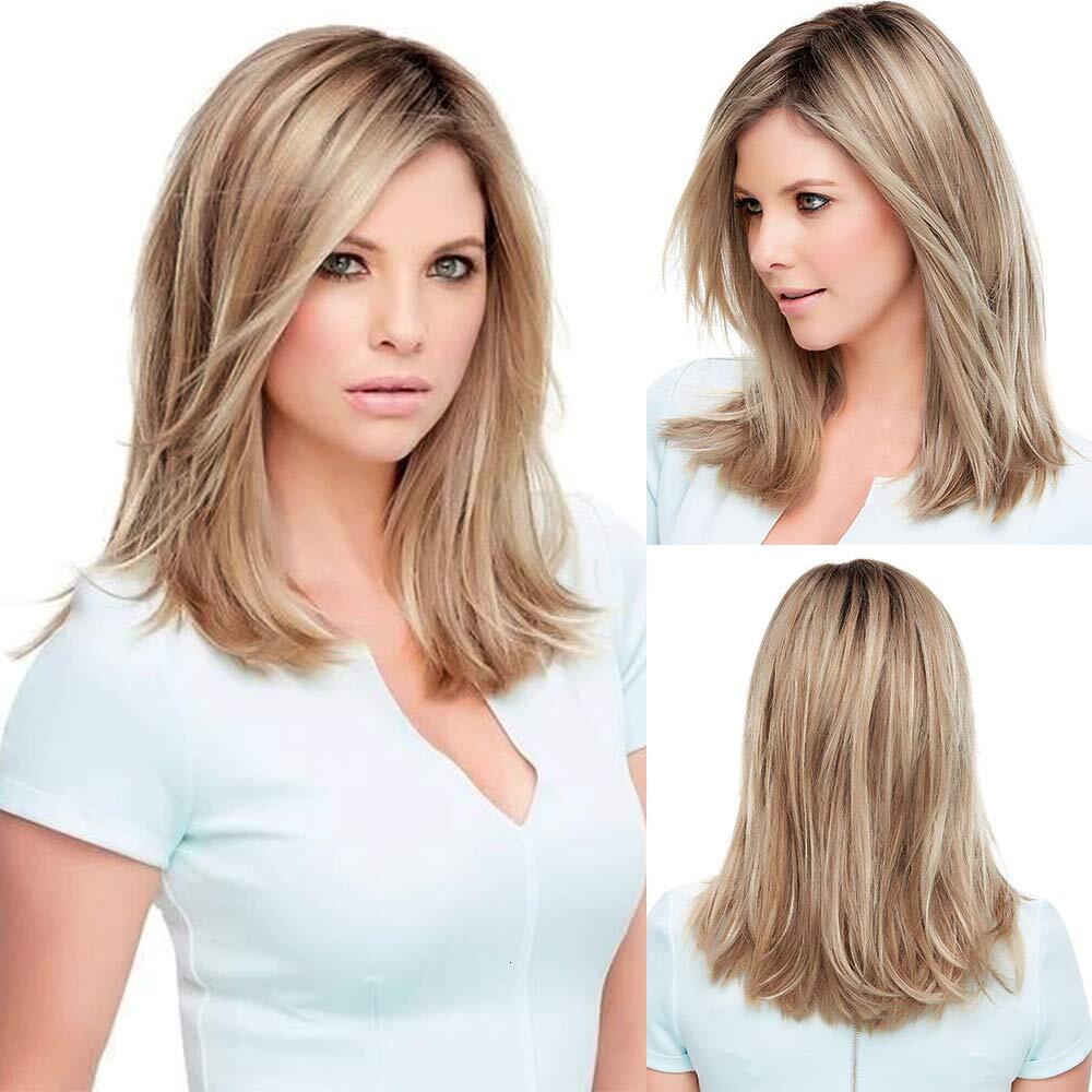 BLONDE UNICORN Women's Golden Shoulder Straight Wig, Fiber&Remy Real Hair Mixed Natural Daily Use 45.72 cm