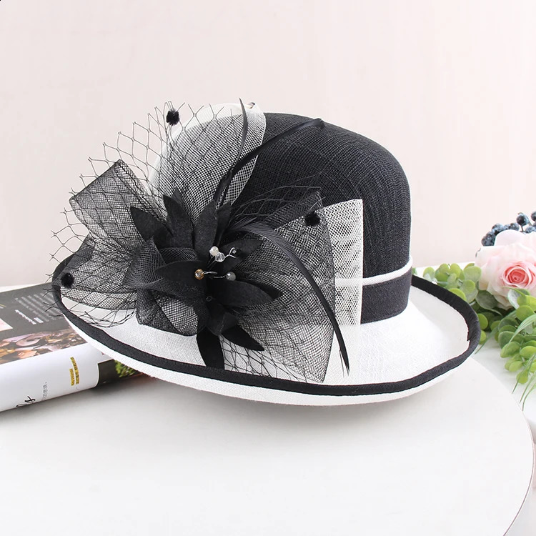Summer Straw Hat For Women Elegant Charming Flower Party Church Britain Retro Curl Brim Sunbonnet Outdoor Sunshade Beach Cap 250228
