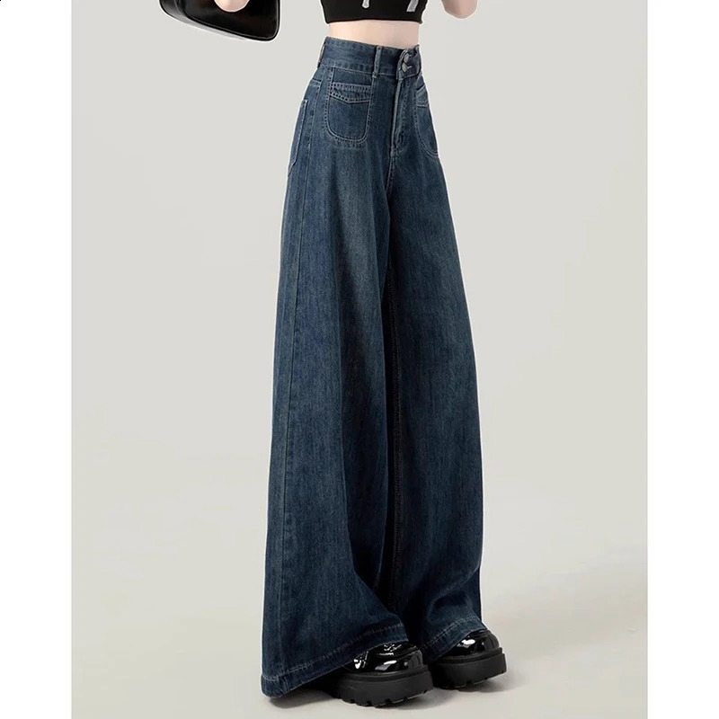 Dark Blue Jeans Women High-Waisted Vintage Loose Lazy Harajuku Wide-Leg Pants Y2K Korean Pocket High Street Female Denim 250225