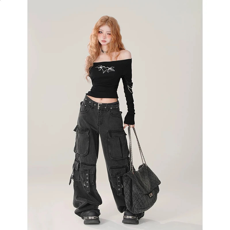 Womens Y2k Japanese streetwear merchandise pants denim pants American retro Gyaru 2000s retro Grunge jeans 250225