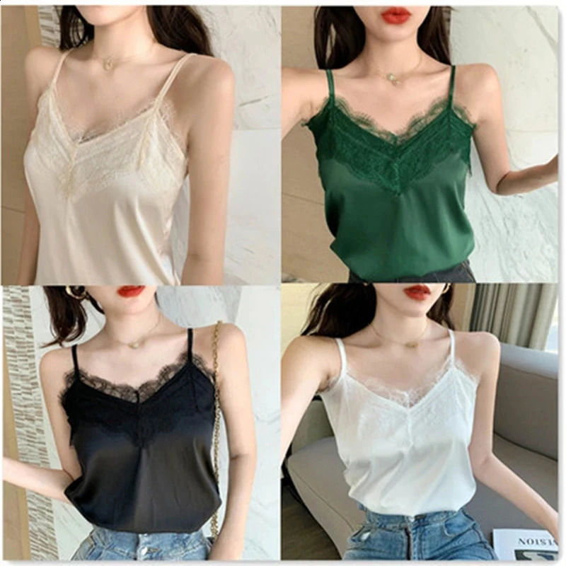 Summer with Lace Silk Top Cami for Women Spaghetti Strap Top Tank Ladies Tops White Camis Basic Tops Women Summer Fashion 250224