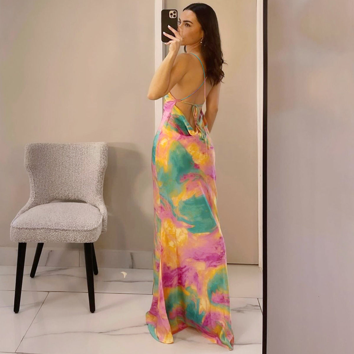 Hot Selling Women's Clothing New4 Summer New Product Fashionable Printed Sexy Backless Lace Up Slim Fit Dress