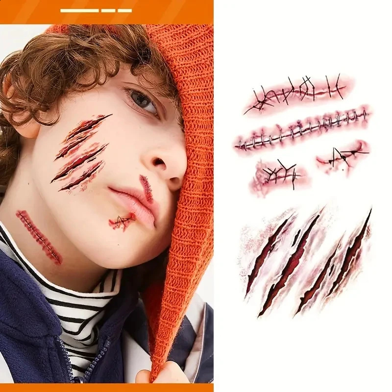 10pcs 3D Scar Tattoos Sticker Horror Realistic Wounds Scab Temporary Tattoo April Fools Day Bloody DIY Makeup Stickers 250219