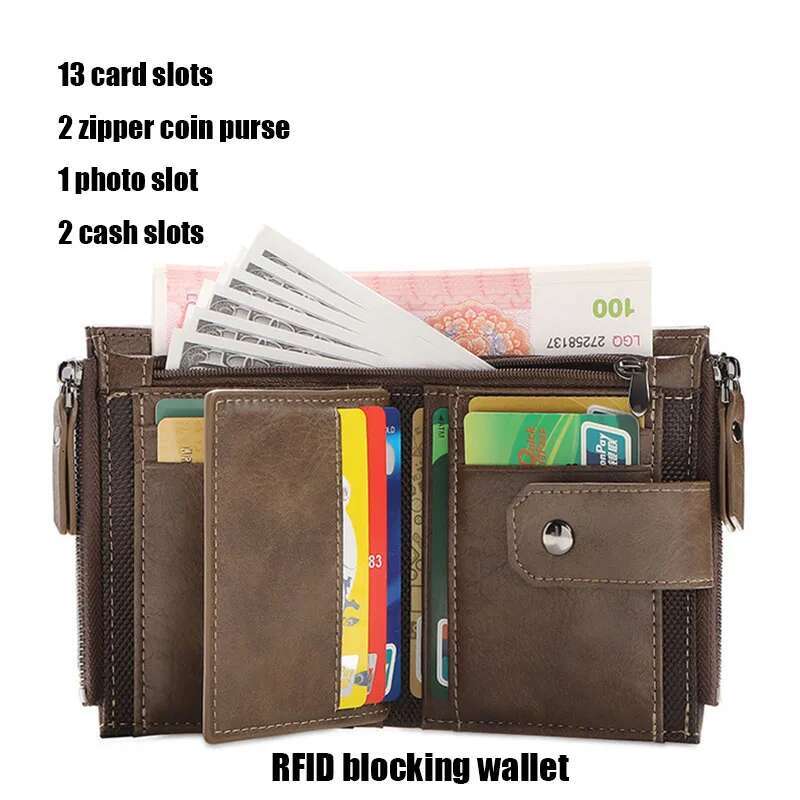 2025 New Men's Designer Coin Wallet RFID Barrier Zipper Retro PU Leather Credit Card Clip Money Bag Wallet