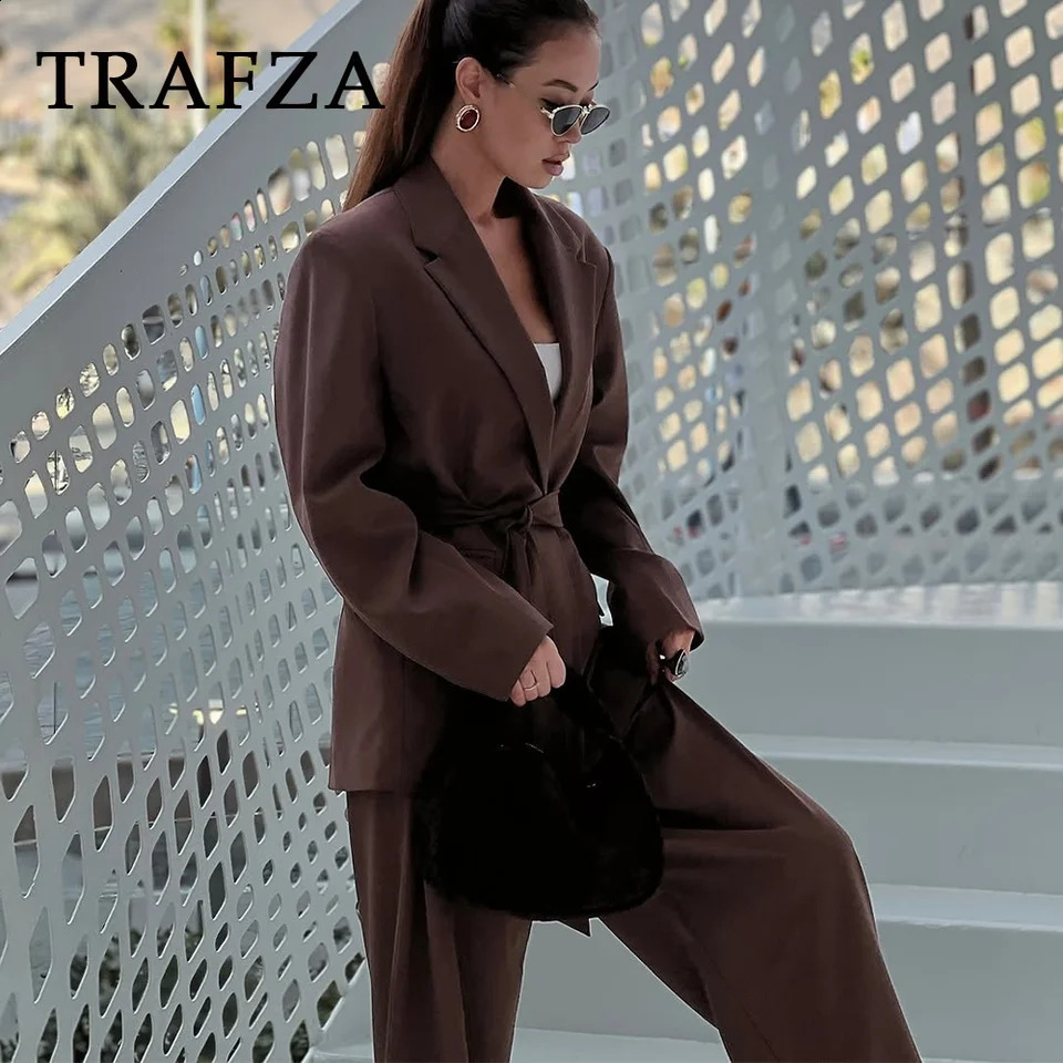 TRAFZA 2025 Spring Summer Office Lady Elegant Solid Women Suit Fashion Casual Sashes Straight Shrug Blazer Chic Zipper Long Pants 250225