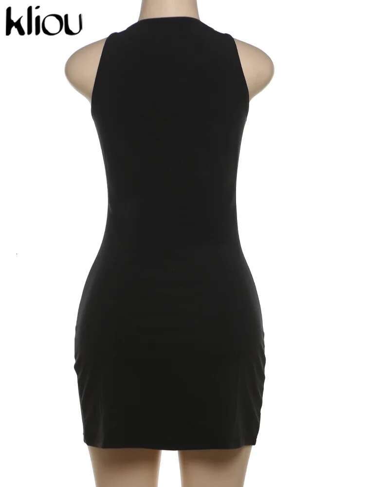 Kliou Solid Concise Mini Dress Women Classic Chic Hollow Out Sleeveless O-Neck Skinny Vestidos Female Trend New Street Bodycons